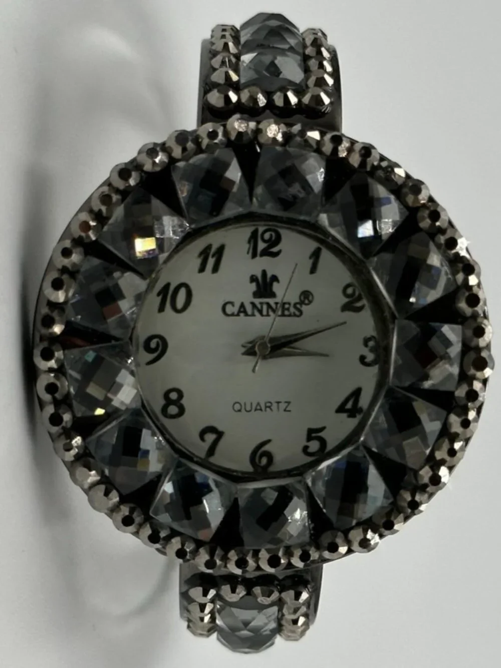 Cannes Rhinestone Watch Women Gunmetal Hinged Cuff Band New Battery 6.5
